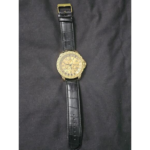 57mm Men\'s Chronograph Quartz Gold Tone LARGE Watch w/Black Leatherette Band main image 7